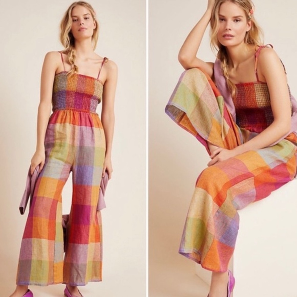 NWOT Anthropologie DRA Sierra Smocked Linen Boho jumpsuit
